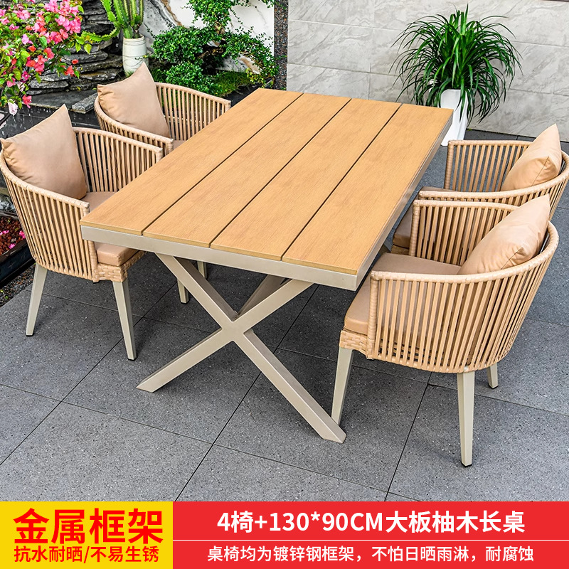 4 sillas + mesa larga de teca con tablero grande de 130 cm
