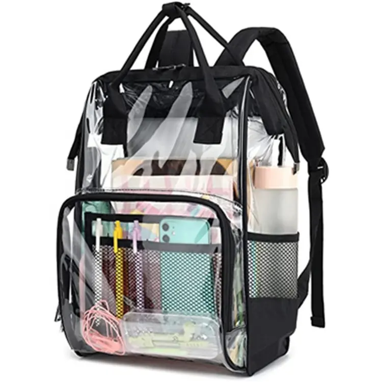 Zaino trasparente resistente borsa da scuola Bookbag plastica trasparente in PVC con 3 tasche per borsa con cerniera per ragazze dei ragazzi moda donna
