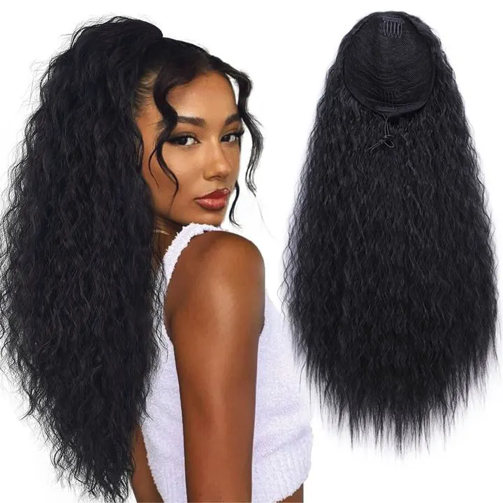 Clip in Corn Wave Long Yaki Wavy Pony Tail Hair 22 Inch Heat Resistant Hair Synthetic Ponytails Drawstring Extension Hairpiece