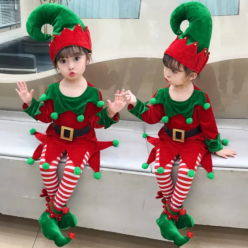Рождественские Детские костюмы эльфа Детские костюмы Санта-Клауса Детский Рождественский комплект одежды эльфийские костюмы