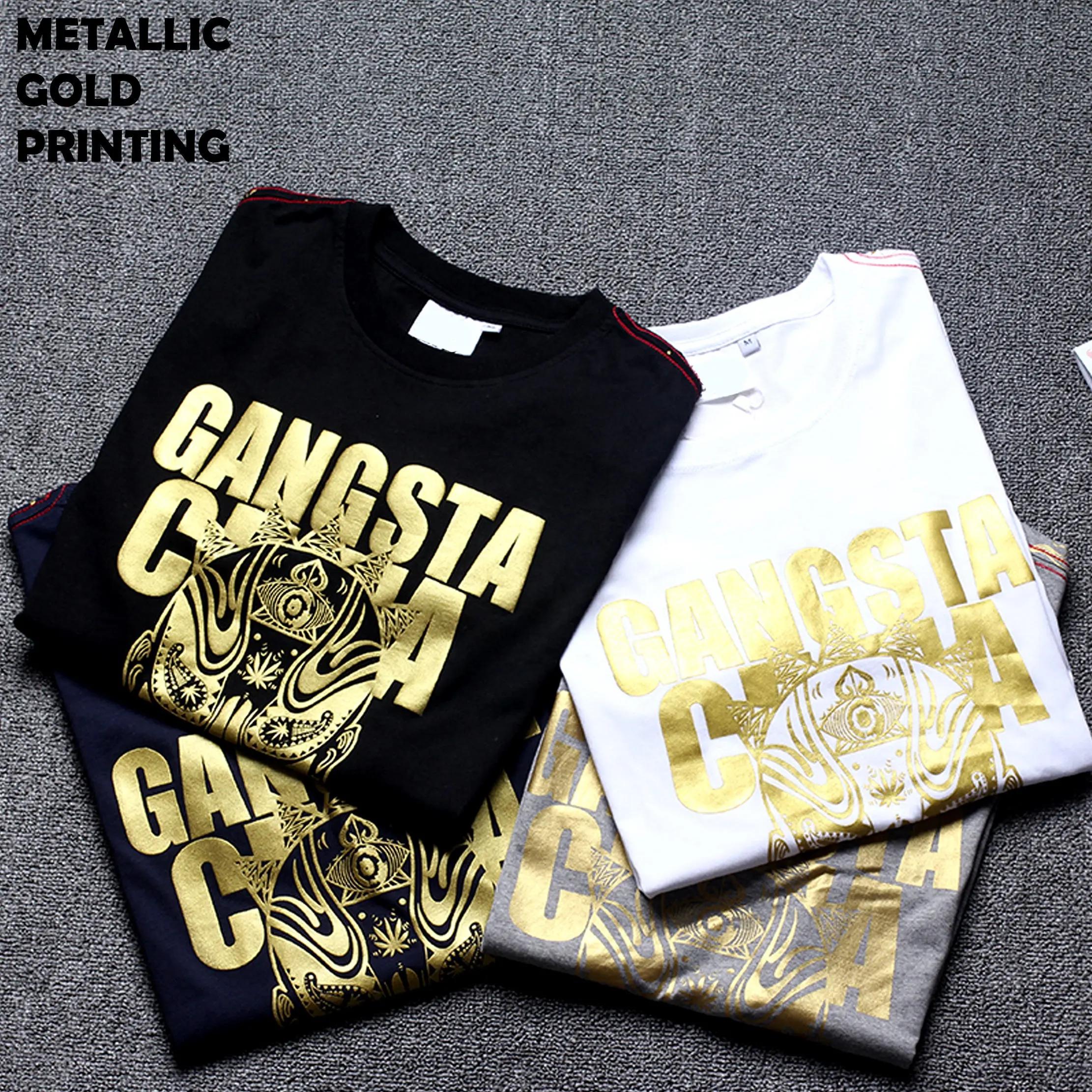 Atacado Tripulação pescoço plain tshirts personalizado ouro metálico serigrafia gráfico logotipo dourado plus size t-shirts para homens