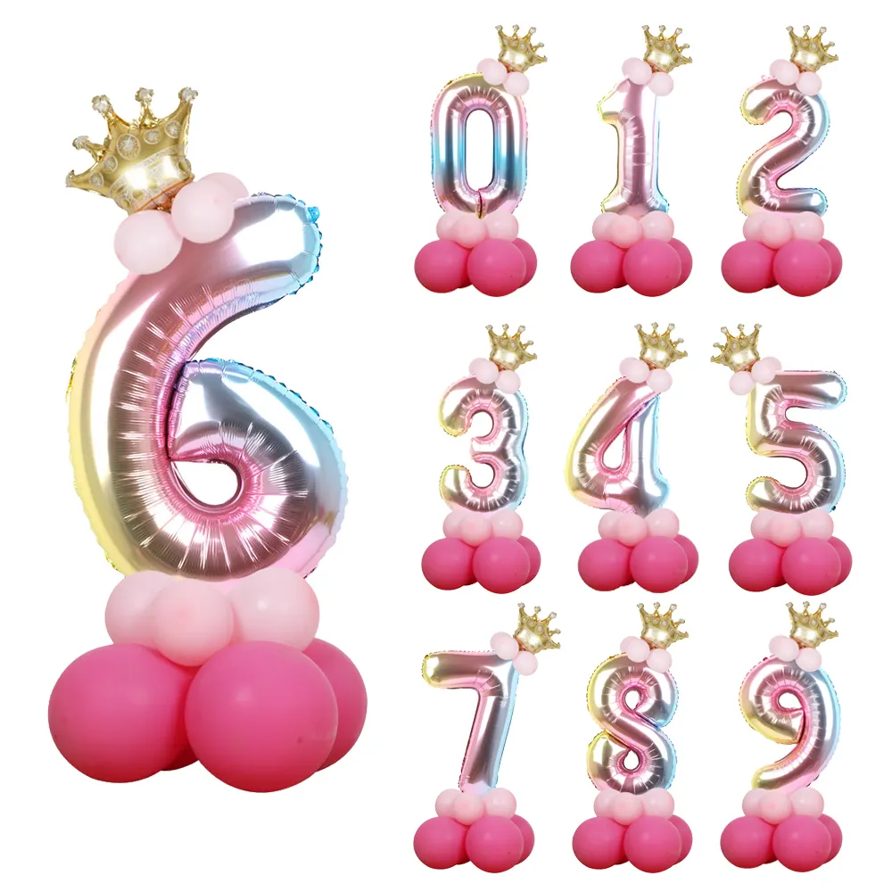 Globos infantis para decoração de feliz aniversário, coroa de ouro e arco-íris gradiente de 32 polegadas, princesa, bebê, festa, chuveiro, globos de ouro