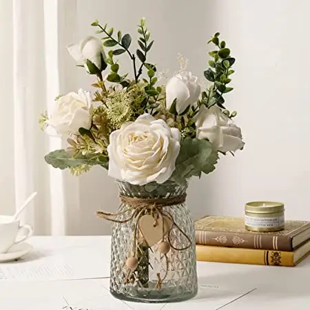 Flores com vaso de flores artificiais, rosas de seda buquê em vaso, arranjos de flores falsas, casa de agricultura, decoração de mesa