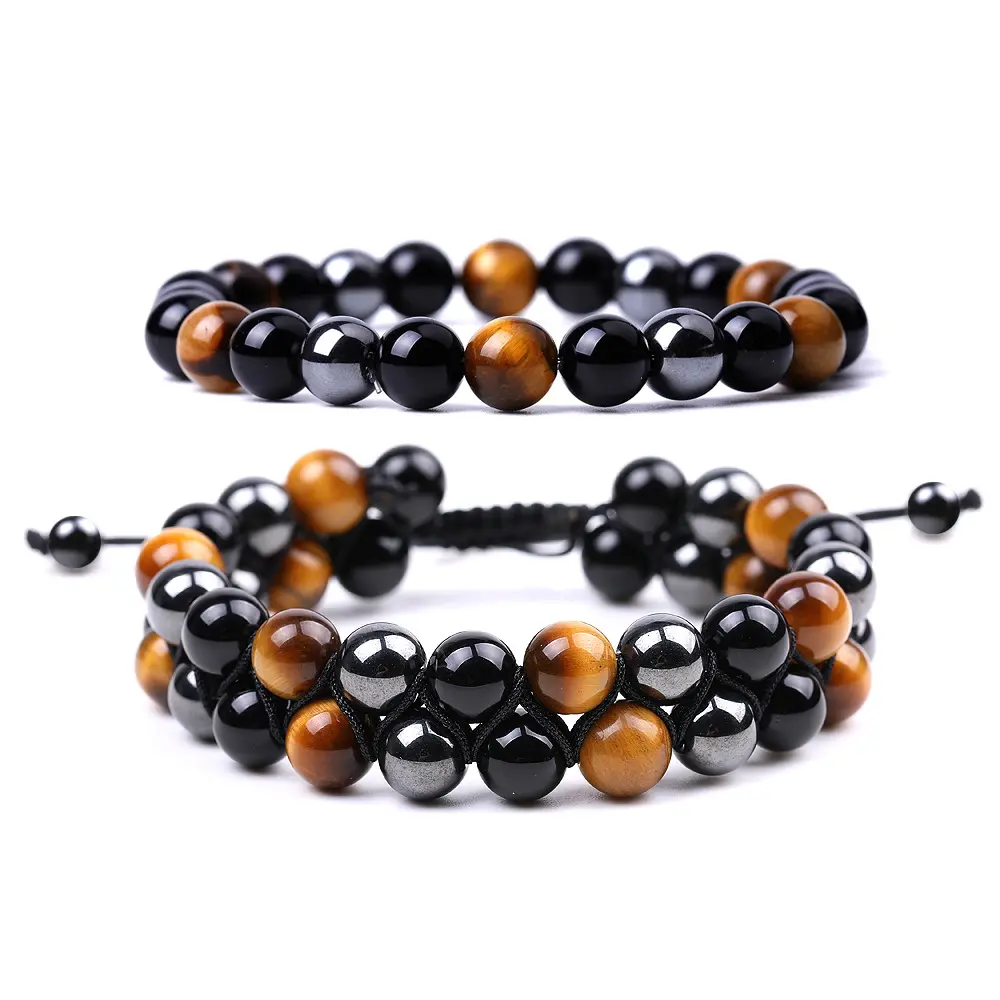 Pulsera tejida de piedra de ojo de tigre Natural para hombre, brazalete de cuentas de Yoga con imán negro trenzado doble, 8MM, nueva