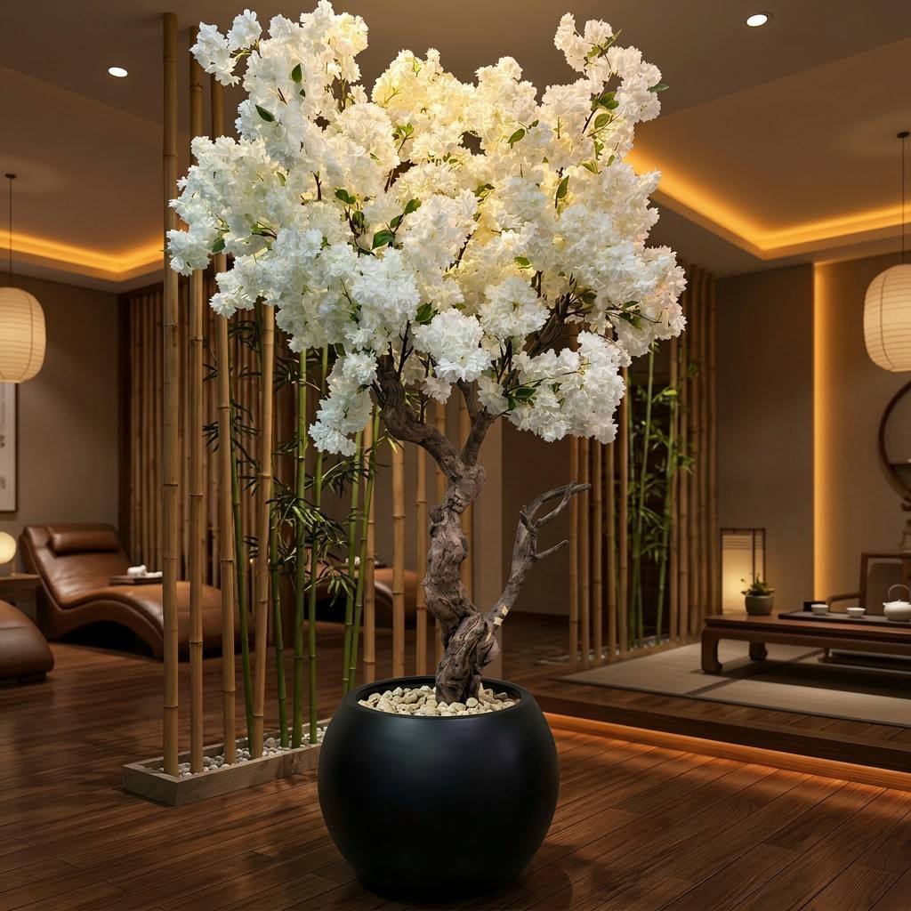 white flowers with black pots