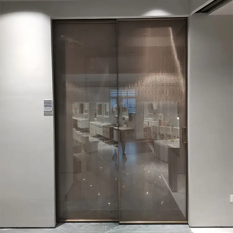 Cierre suave 2 paneles puerta corredera de vidrio de aluminio pared de partición interior sin pista inferior guardarropa armario puerta de vidrio de cocina