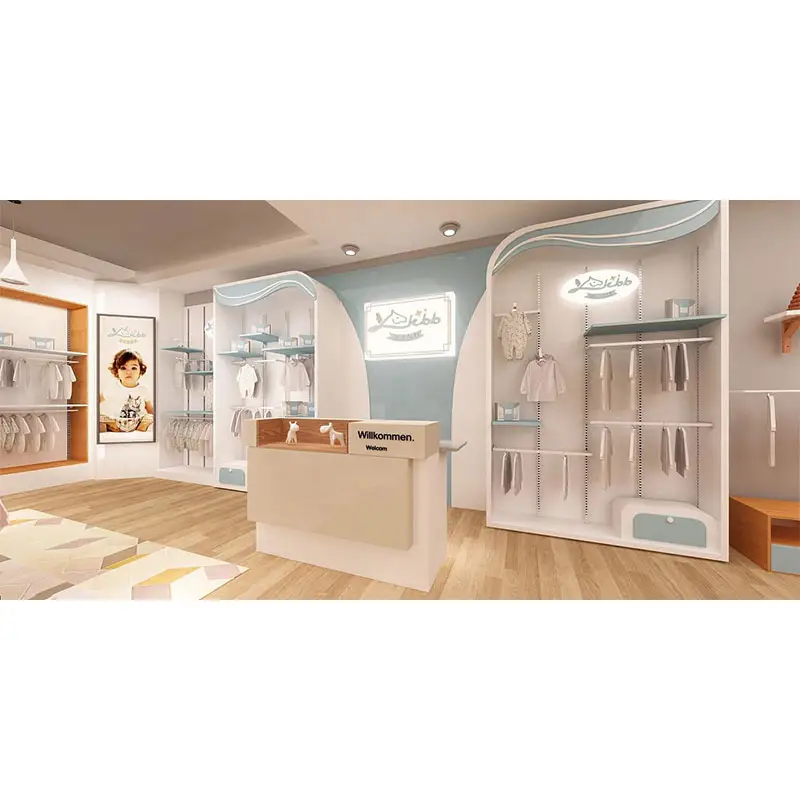 Loja de roupas infantis modernas, prateleiras para lojas de bebês com iluminação, design de interiores, móveis para crianças