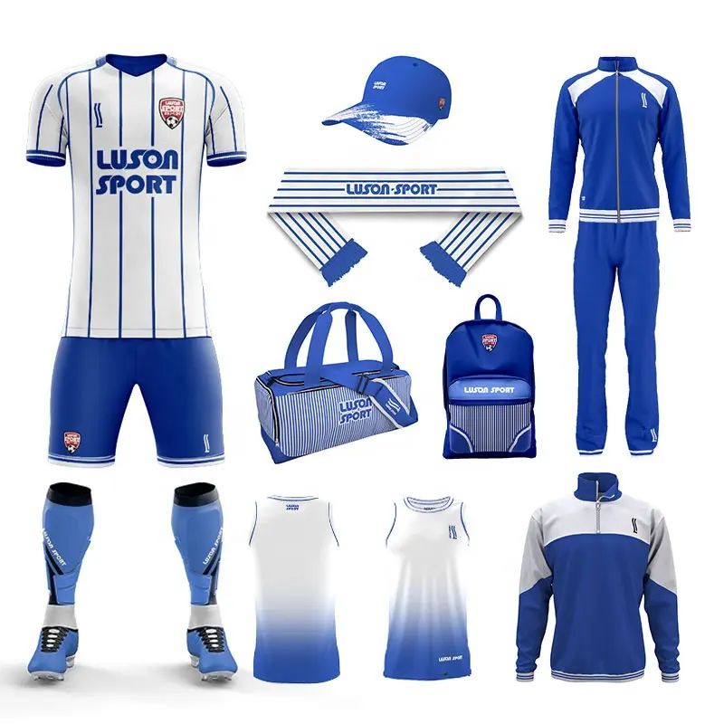 Luson Novo Modelo Fábrica Sublimação Personalizado Em Branco Esporte Soccer Jersey Set Futebol Futebol Jersey Azul E Branco Uniformes De Futebol