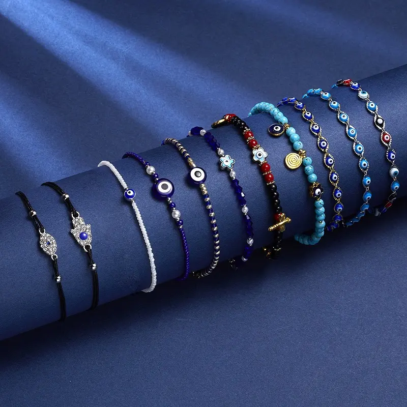 Cadeau Voor Liefhebbers Lucky Charm Sieraden Set Blauw Turkse Cz Regenboog Goud Zirconia Evil Eye Armband