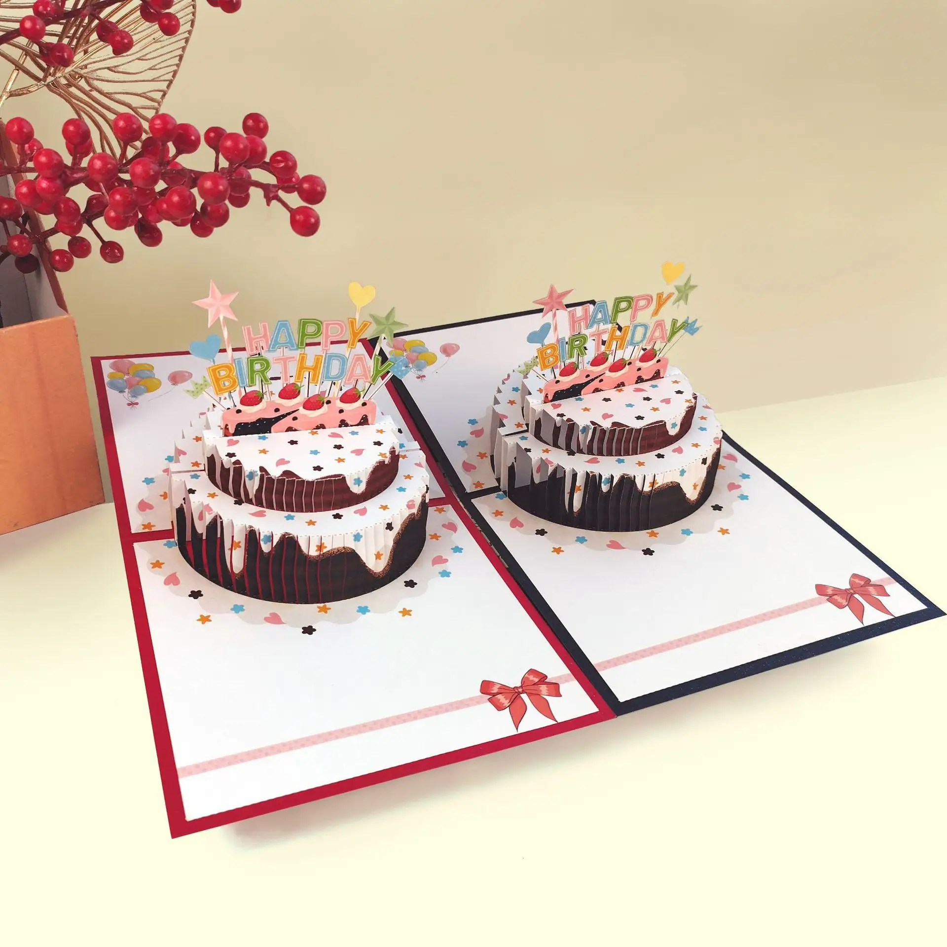 Customize Creative Wishes Greeting Card Pop Up Cake 3D Birthday Bronzing Deluxe Happy Birthday Greets Cards