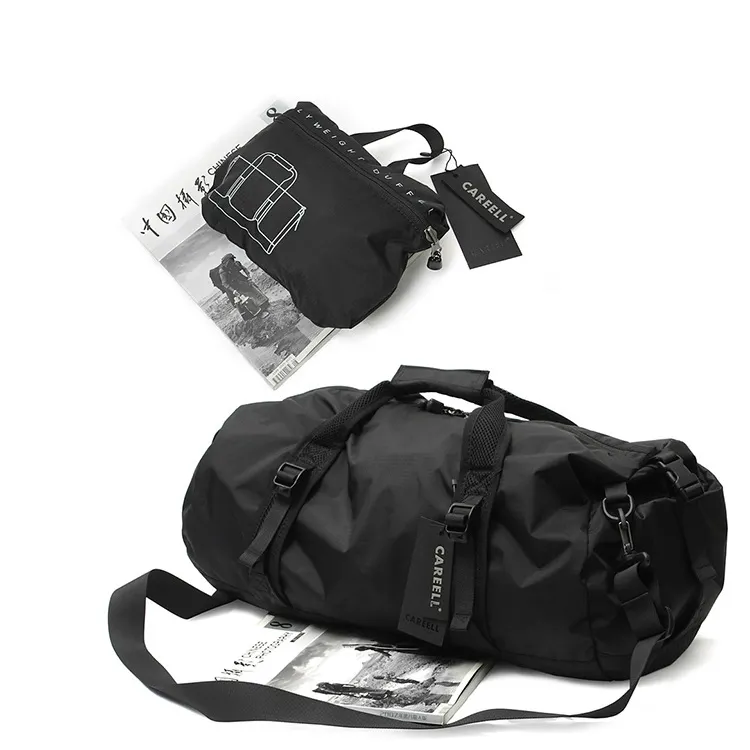 V468, venta al por mayor, bolsa de lona de gimnasio negra deportiva personalizada a prueba de agua, bolsas de viaje plegables de gran capacidad