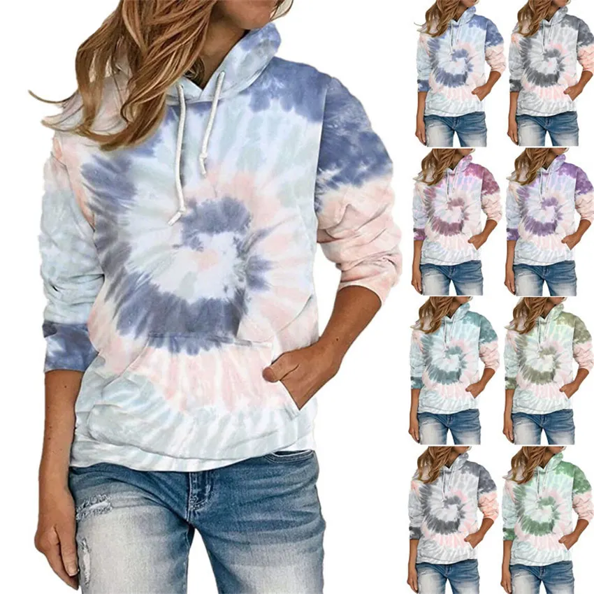 Maglione Pullover a maniche lunghe con cappuccio stampato Tie Dye sciolto da donna di vendita calda S-5XL