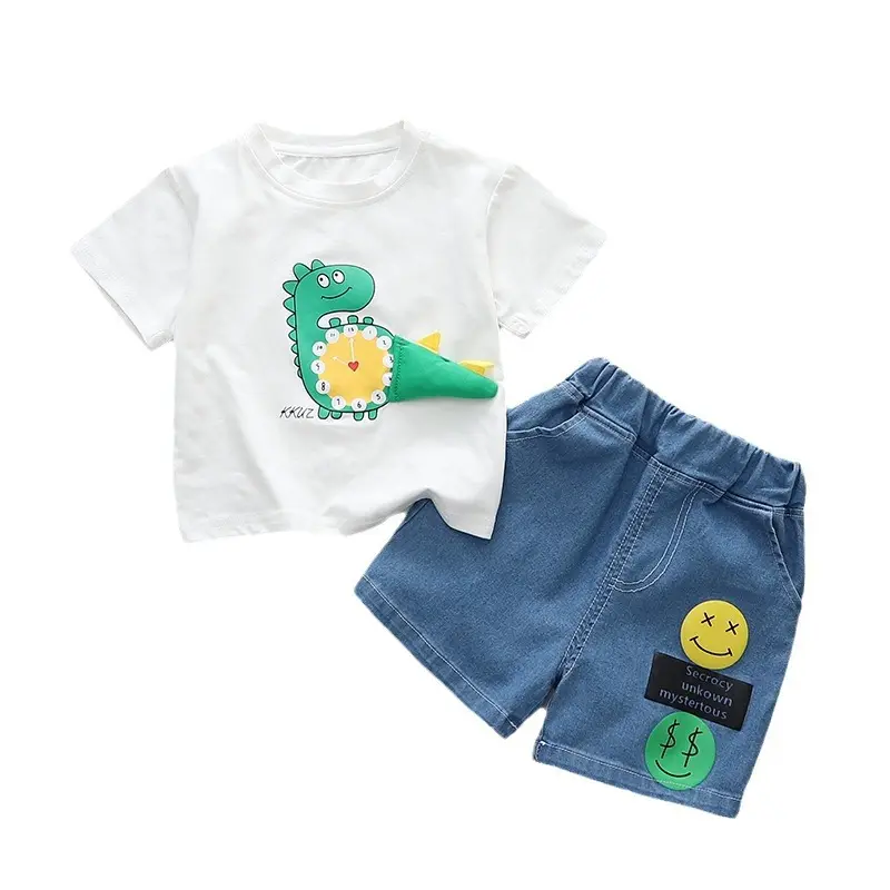 NOVEDAD DE VERANO 2024, conjuntos de ropa para niños, conjunto de dos piezas de dinosaurio de dibujos animados guapo con pantalones cortos de mezclilla de manga corta