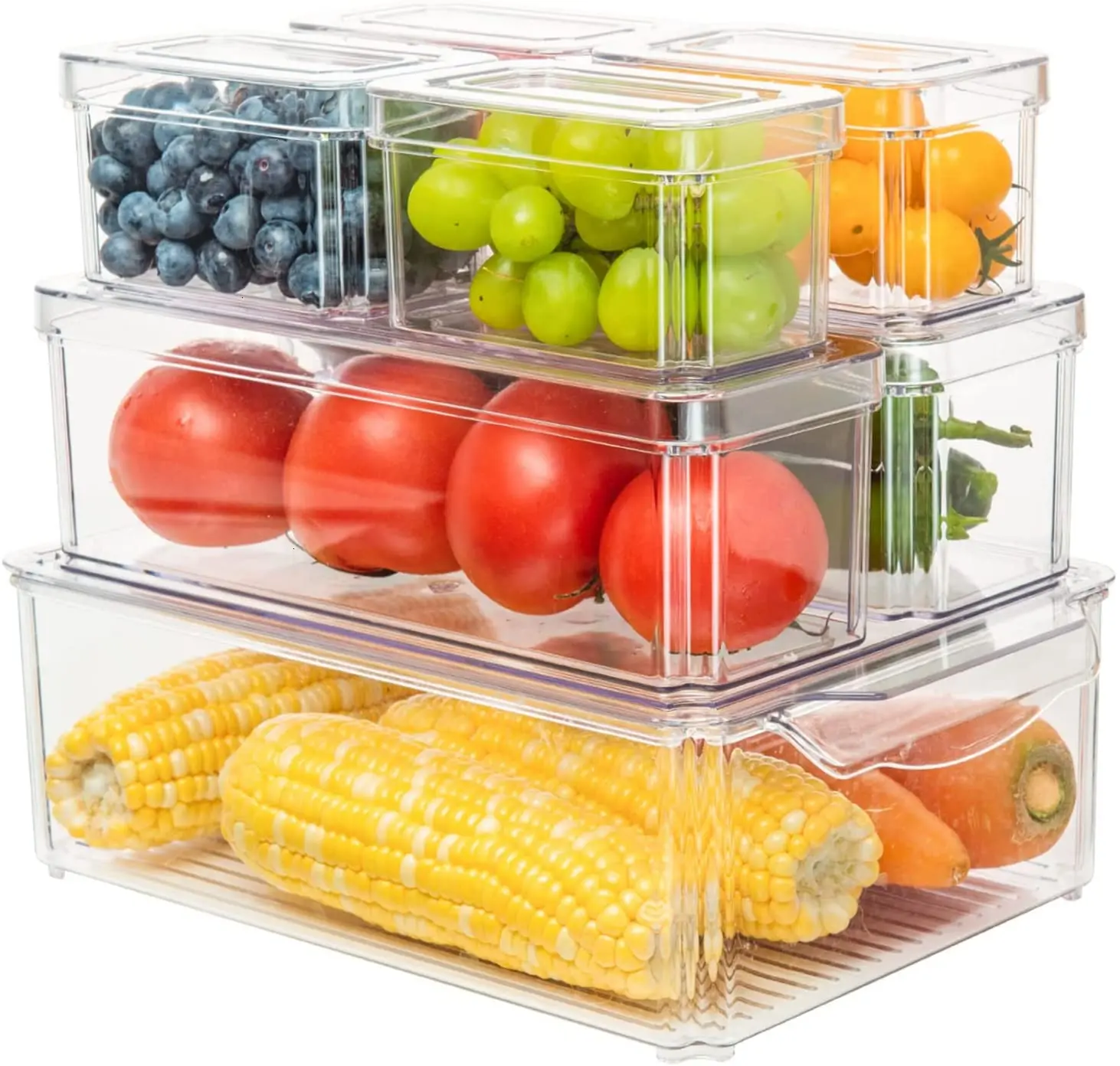 7pcs Plástico Acrílico Hermético Alimentos Frescos Frutas e Vegetais Refrigerador Organizador Set Recipientes De Armazenamento com Tampas para Geladeira