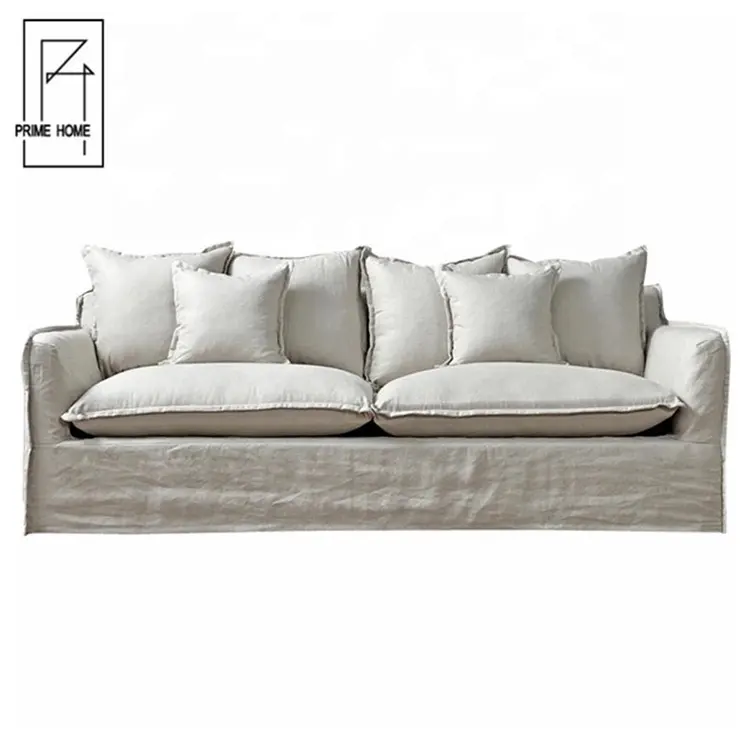 Alta qualidade francês Hamptons estilo mobiliário linho tecido pato pena enchimento confortável estilo solto slipcover sofá