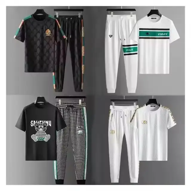 Conjuntos de camisetas masculinas clássicas com logotipo personalizado, calças compridas, conjuntos de duas peças, agasalho casual, novo terno esportivo masculino de verão