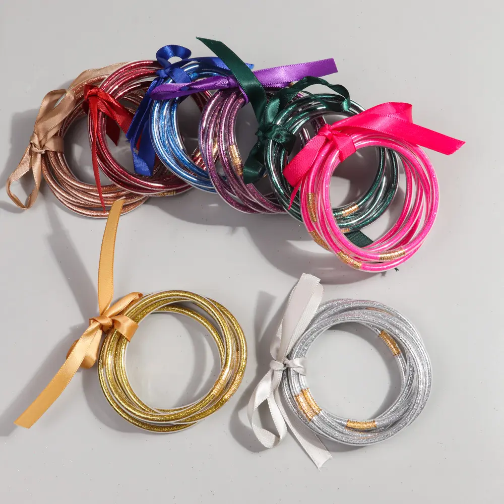 Vente en gros chaude bracelet à paillettes colorées bijoux plié porter ruban bijoux filles populaire étudiant 5 pièces/ensemble bracelets en silicone