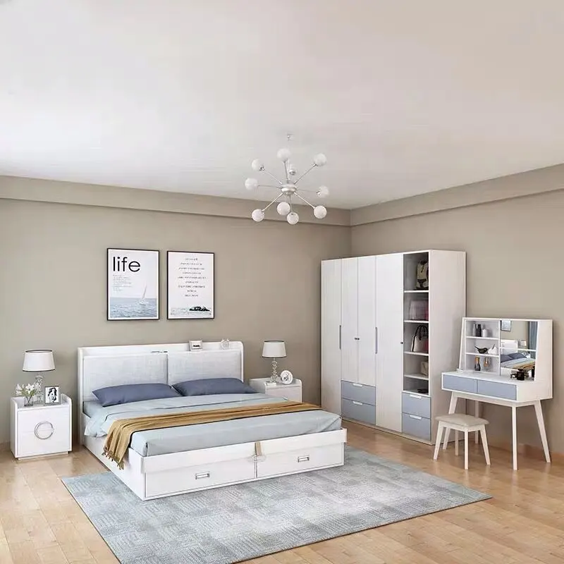 Muebles blancos elegantes para dormitorio, conjunto de dormitorio de tamaño king