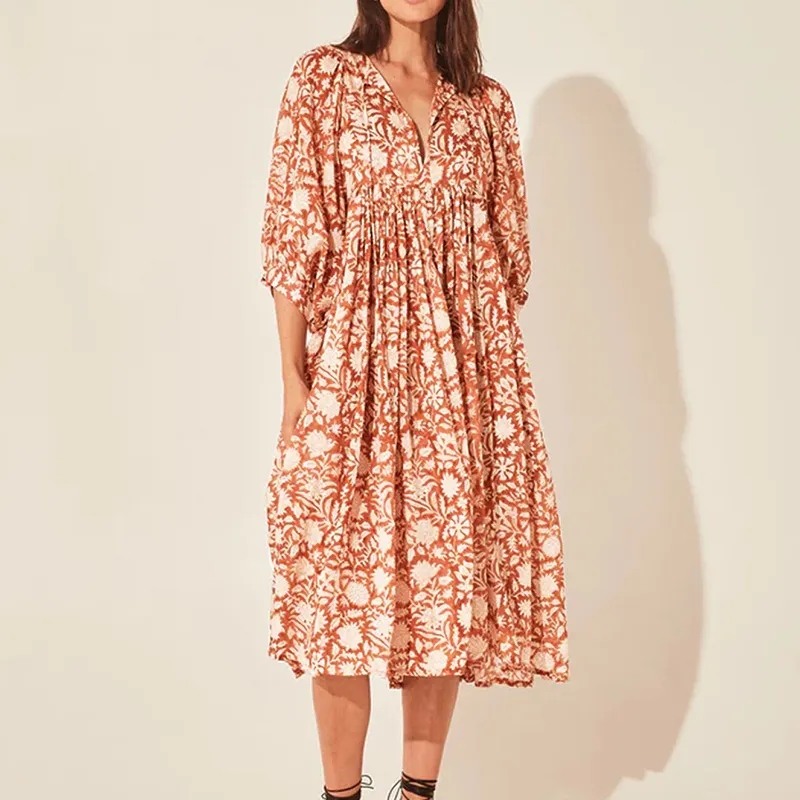 Vestido largo de gasa con estampado de pasarela personalizado para mujer, Vestido largo de gasa elegante con manga de murciélago y rosas para vacaciones de primavera y verano