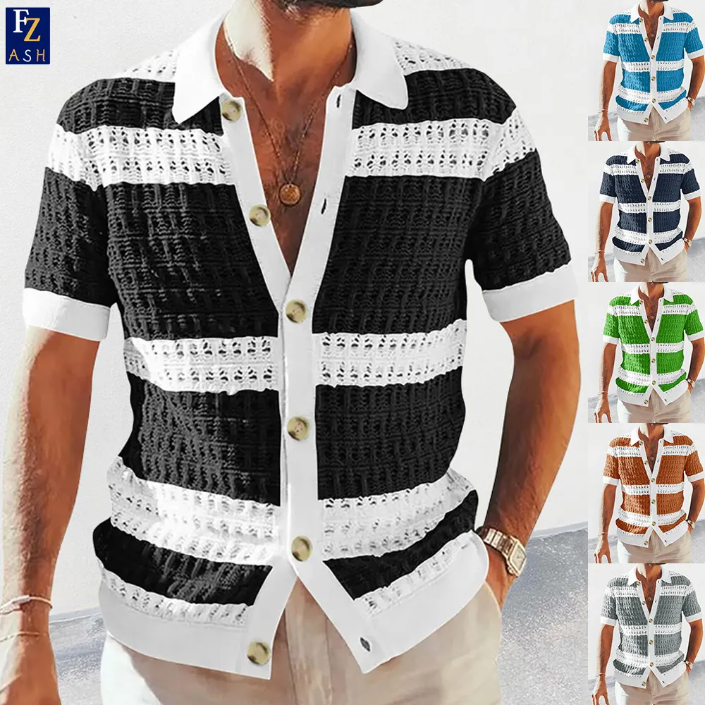 Sommer Männer Casual Strickwaren Großhandel Waffel Solid Polo Shirt Streifen Loch Out T-Shirt Strick pullover Strickjacke