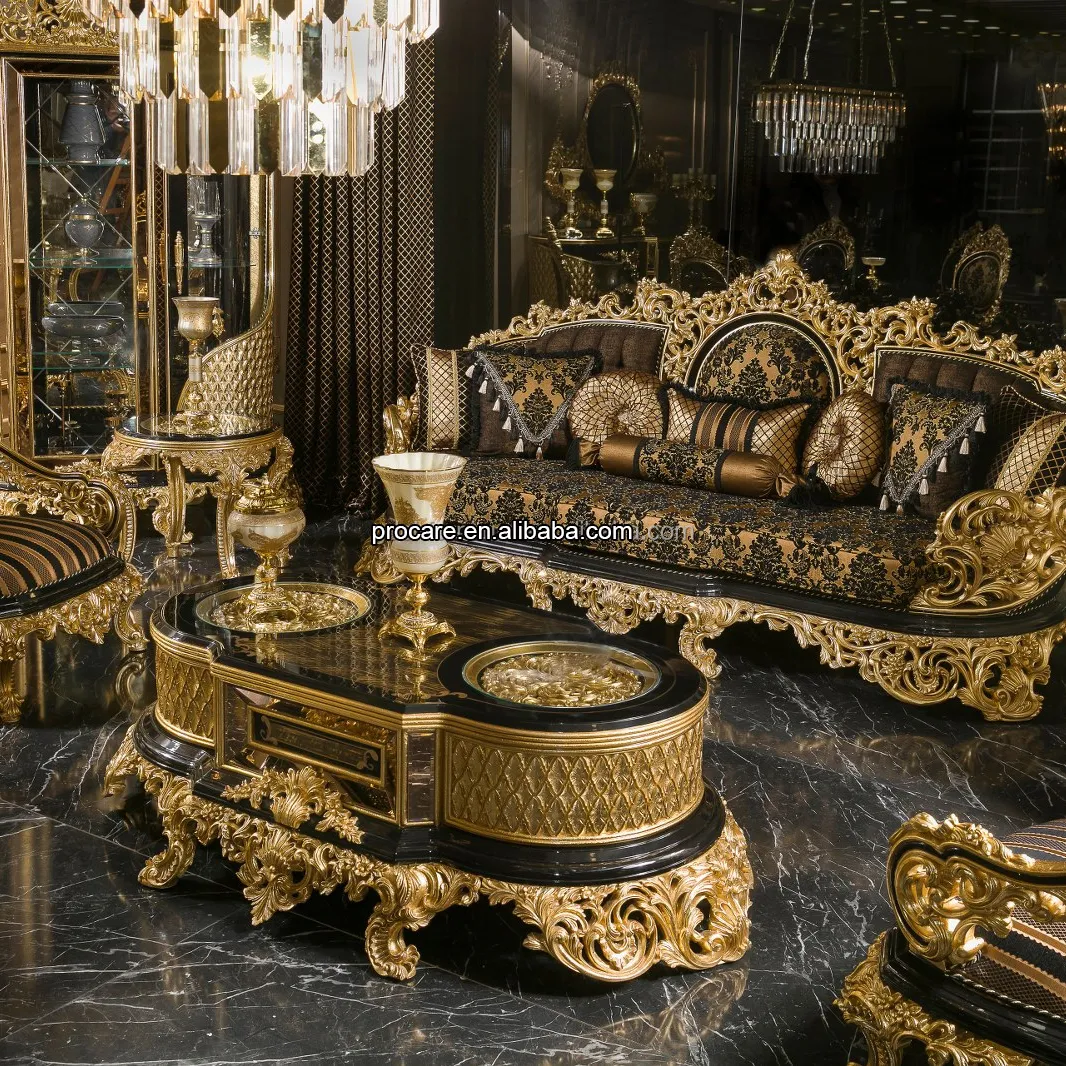 Lujo antiguo tradicional negro Oro africano clásico barroco real tallado a mano sofá conjunto de muebles de sala de estar