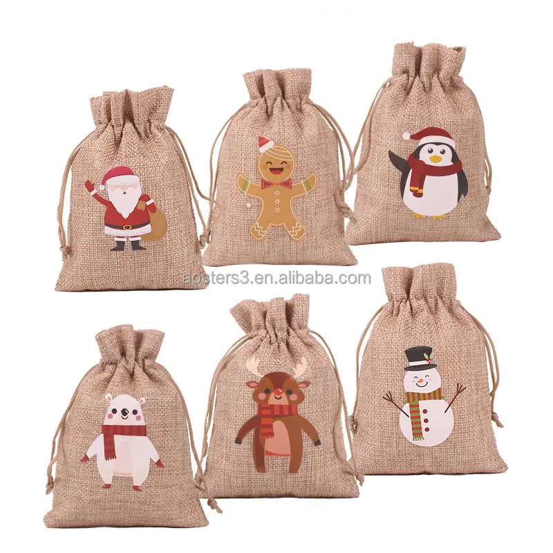 ถุงผ้าลินินน่ารักแบบหูรูดถุงของขวัญสำหรับตกแต่งถุงใส่ลูกกวาดนำกลับมาใช้ได้ในเทศกาลคริสต์มาส