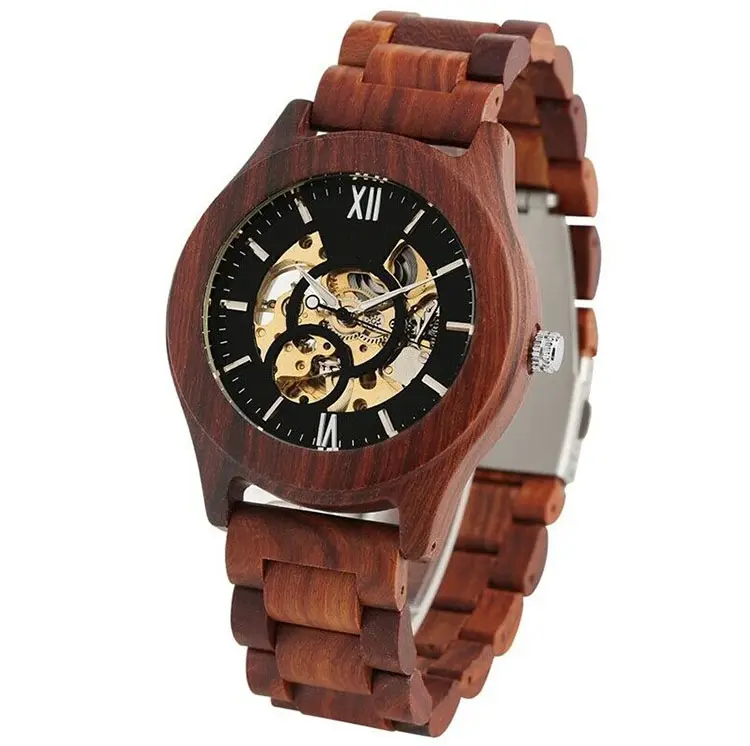 Orologio in legno di moda in vetro minerale con movimento meccanico resistente all'acqua 3 ATM all'ingrosso