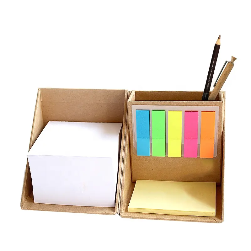2020 рекламная, пользовательская печать, квадратный куб, крафт-бумага, эко-липкая бумага для заметок, коробка для записей с держателем ручки