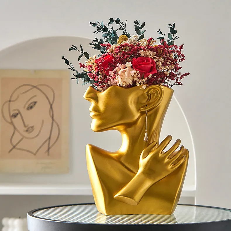Visage Fleur Vase Blanc noir doré Fleurs Artificielles Vase Buste Tête En Forme De Statue Pots Mignon Moderne Décor À La Maison