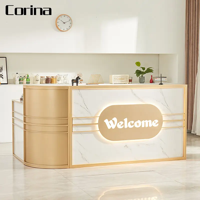 Modernos escritorios de recepción para oficina, diseño de moda dorado, salón de belleza para hotel, recepción frontal