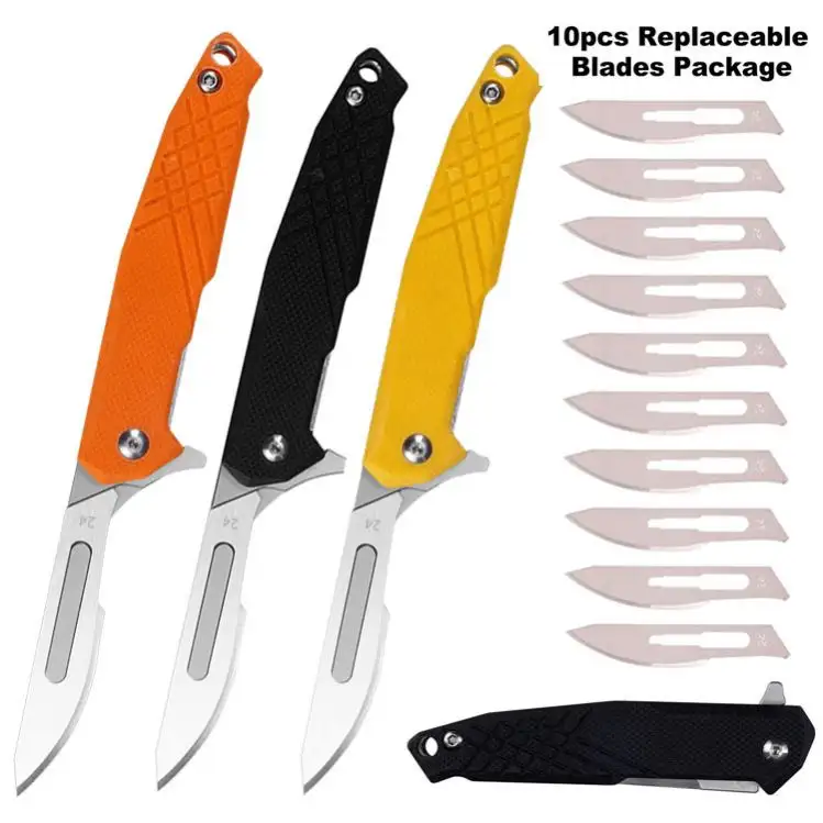 10Pcs Extra Cutting Folding G10 Handle Disposable Surgical #24 Blade Exchange Camping Pocket Knife Never Sharpen Tools