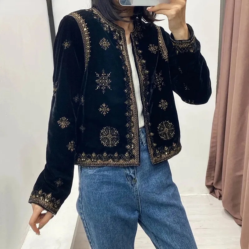 Women's Ethnic Style Heavy Industrial Embroidered Sequin Decorated Jacket Velvet Short Cardigan Autumn and Winter Women