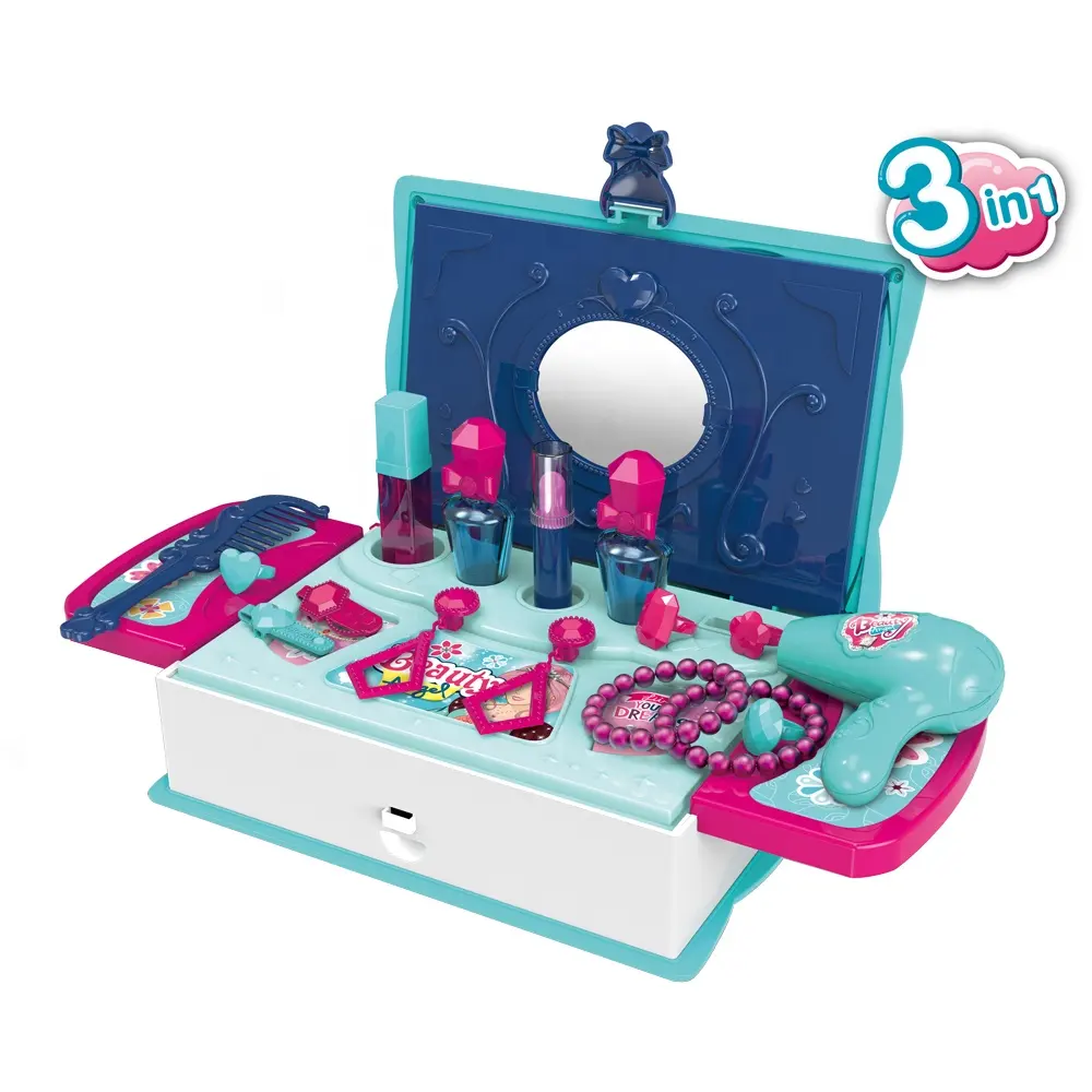 I più nuovi prodotti 3 in 1 beauty toy vanity box make up play set ragazze finta gioca toletta con asciugacapelli giocattolo e pettine