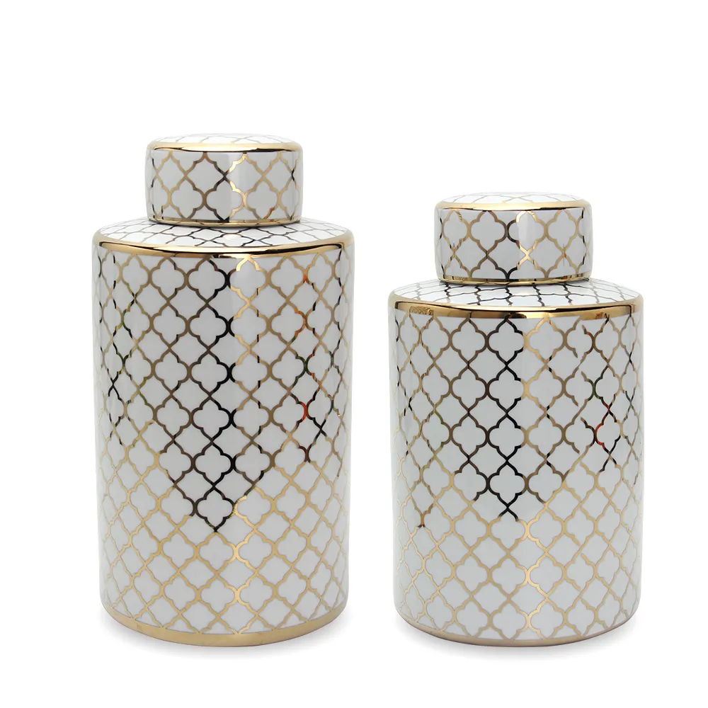 J120 frascos decorativos de cerâmica, frascos de porcelana brancos e dourados de luxo com tampas