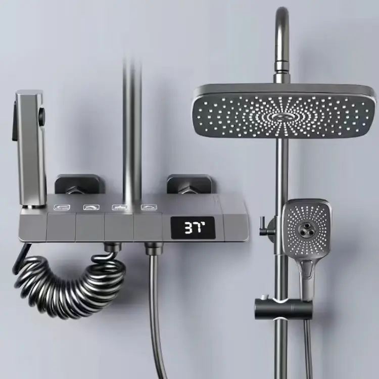 Grey Piano Digital Shower Set Intelligent Brass Bathroom Faucet Hot Cold Waterfall Tap Rainfall
