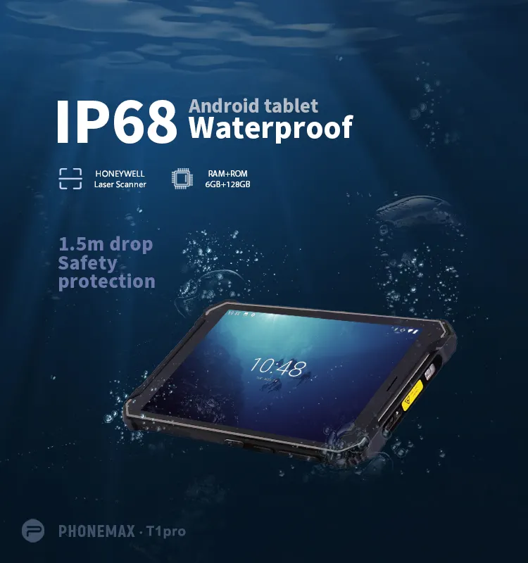 Phonemax 8 inç Octa çekirdek IP68 su geçirmez 6 + 128G 4G endüstriyel sağlam Tablet barkod tarayıcı ile android