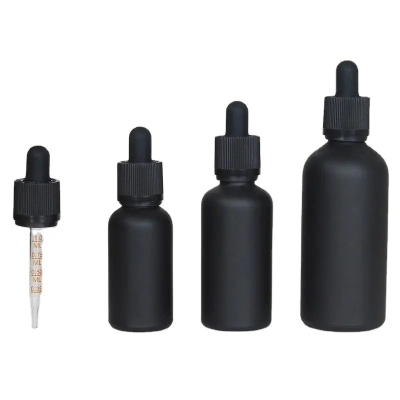 Botella de vidrio para aceites esenciales, bote de vidrio con falda acanalada, cuentagotas resistente a las manipulaciones para niños, color negro mate, 30ml