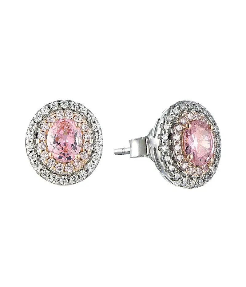 Brincos de prata esterlina 925, premium cristal prateado de forma oval rosa de safira 925, prata esterlina, brinco de zircônia duplo