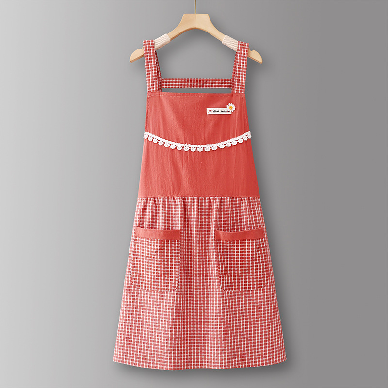 Red-LZ610Pure cotton lace Plaid spaghetti straps
