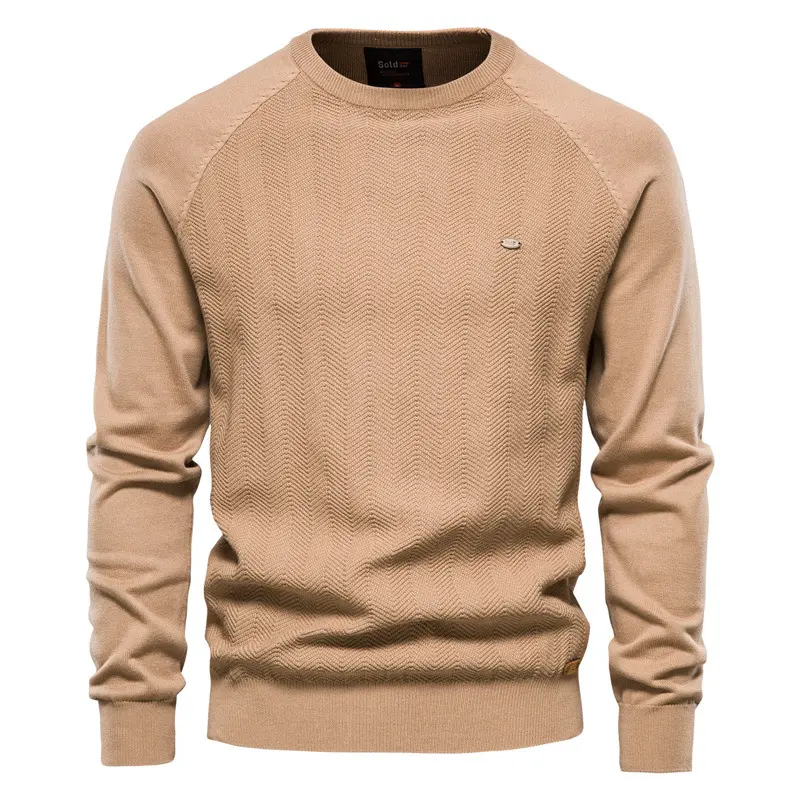 Suéter básico clásico para hombre, 95% algodón, cuello alto redondo, lana fina, decoración de logotipo de punto, artículo básico de moda de talla grande