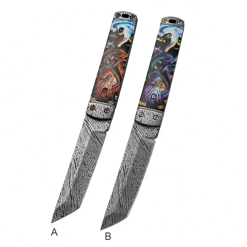 Laser Damascus Steel Outdoor Wild Camping Survival Hunting Fixed Blade Knife Leather Sheath Package Tools
