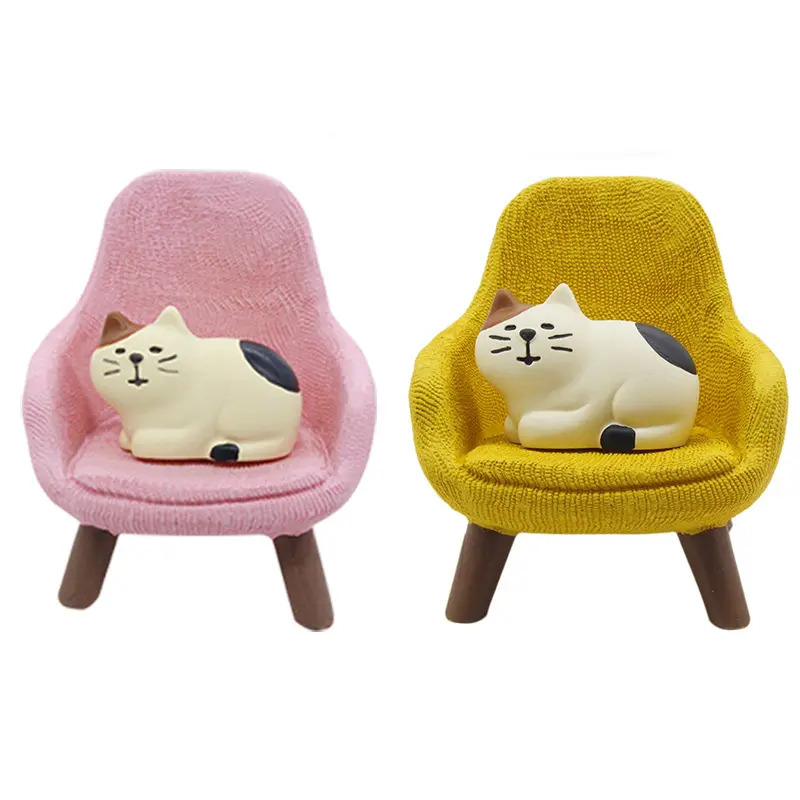 custom resin cute cartoon mini indoor decoration chairs sculpture with cat