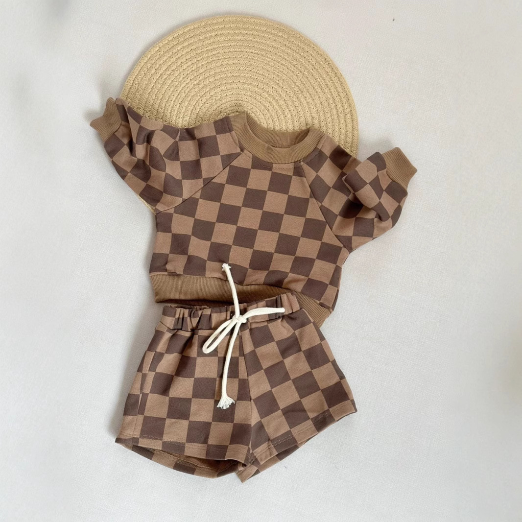 brown and coffee plaid sweatshirt set