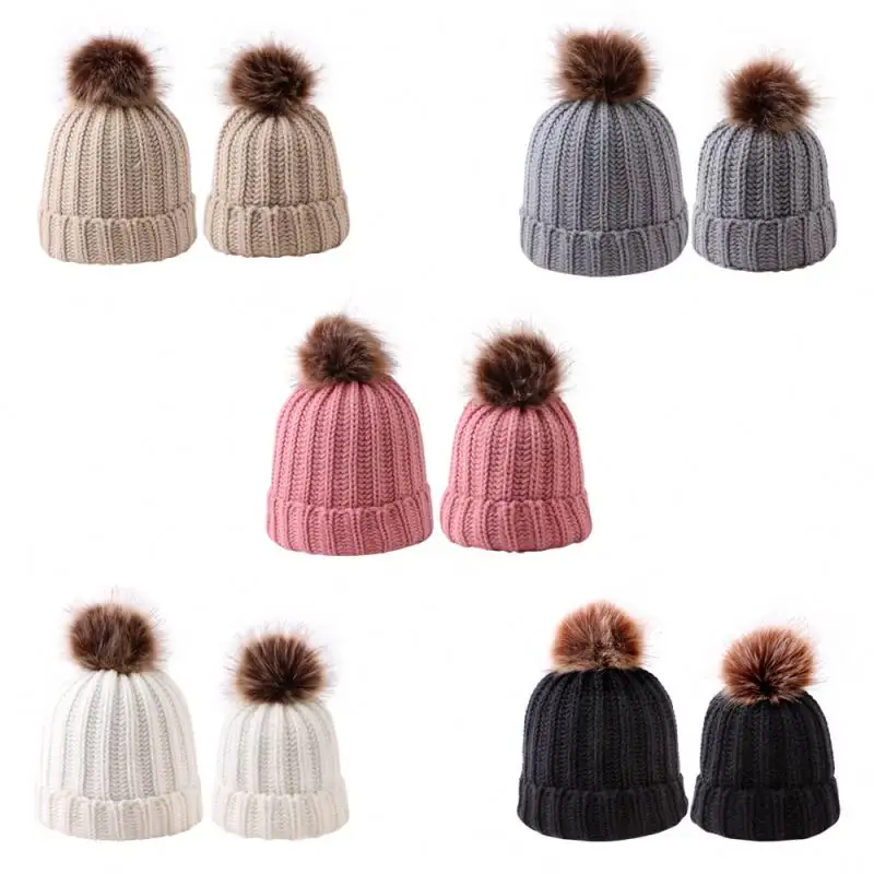 Invierno cálido padre-hijo pompón sombreros de lana mujeres niños tejido Pom Beanie Hat