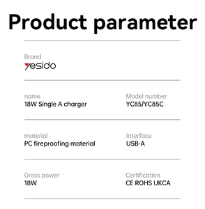 Yesido YC85C高速充電耐火材料QC18WシングルA英国充電器A to Cケーブル付き - Product Image 5