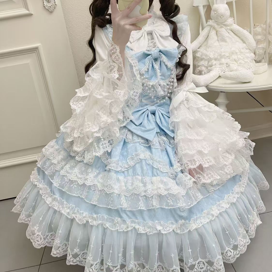 blue(2pcs/set Blue dress+inner white blouse)