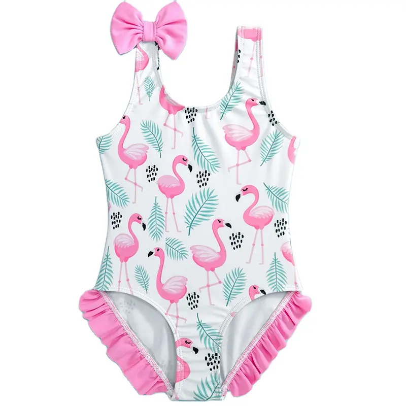 Летний купальный костюм с розовым принтом, Слитная пляжная одежда, милый детский купальник с оборками, мини микро бикини для девочек