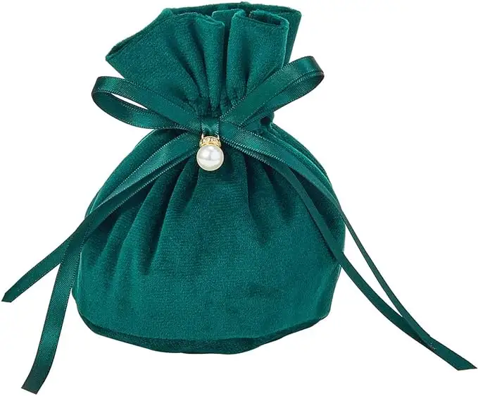 Mini custom luxury velt round bottom green velvet jewelry pouch decorazione regalo gioielli con nastro di seta perla