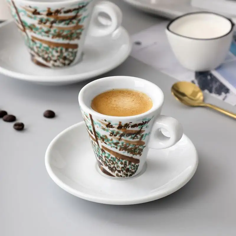 Toptan özel Logo seramik kumtaşın Espresso Latte kahve fincanı ile fincan tabağı