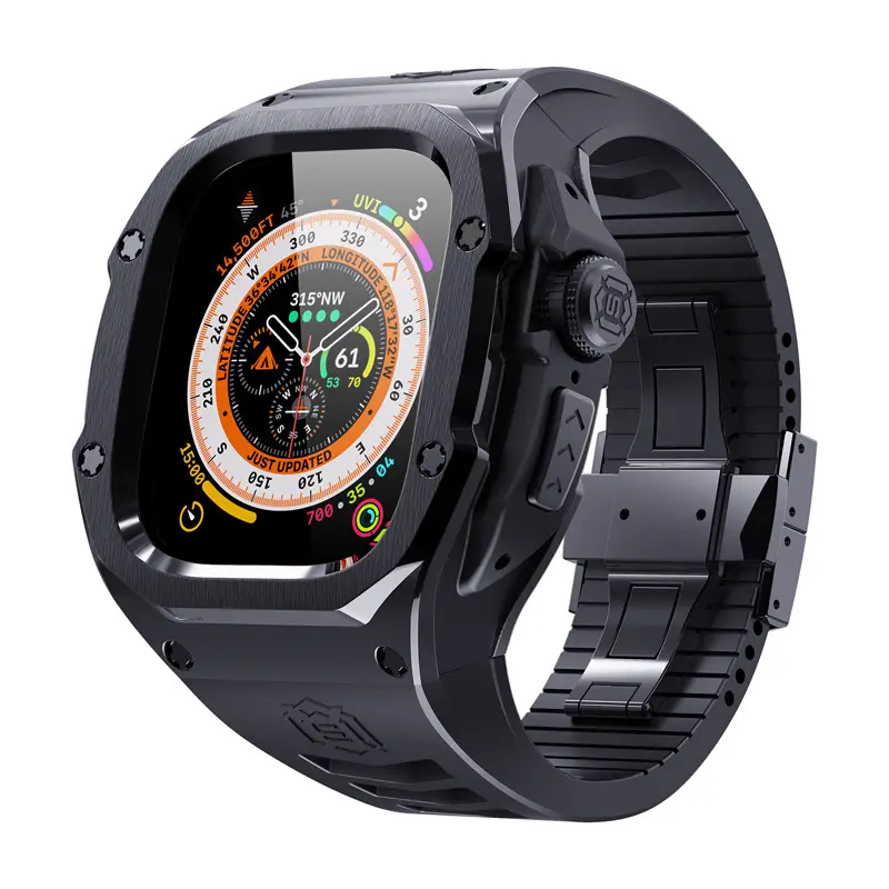 Capa de relógio luxuosa de aço inoxidável 316 à prova de choque para Apple Watch Ultra 49mm com pulseira de silicone novo design